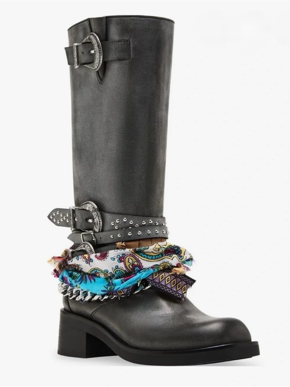 Steve Madden Black Leather Mid-Calf Boot with Colorful Scarf Wrap
